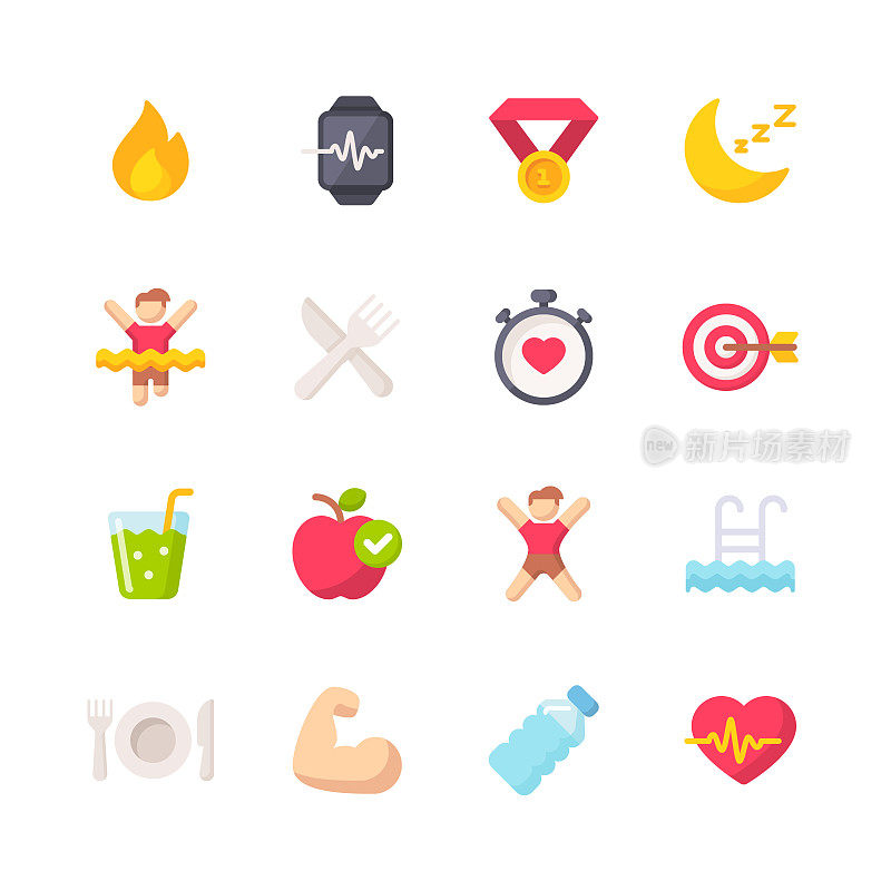Fitness Flat Icons. Material Design Icons. Pixel Perfect. For Mobile and Web. Contains such icons as Fitness, Exercising, Healthy Lifestyle, Healthy Diet, Running, Heartbeat, Apple, Sleep, Gym.